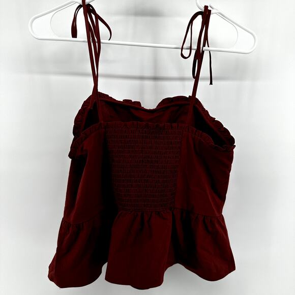 Express Fitted Tie Strap Peplum Cami Square Neck Smocked Ruffle Chic Red Small - Picture 6 of 6